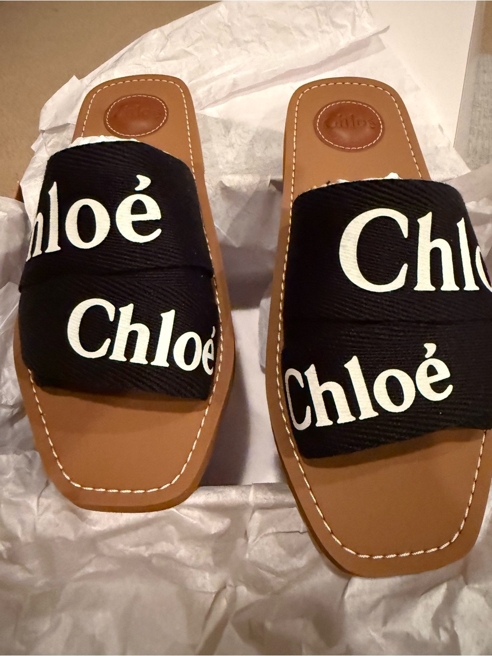 Chloé Black Logo Slide Sandals with Tan Footbed